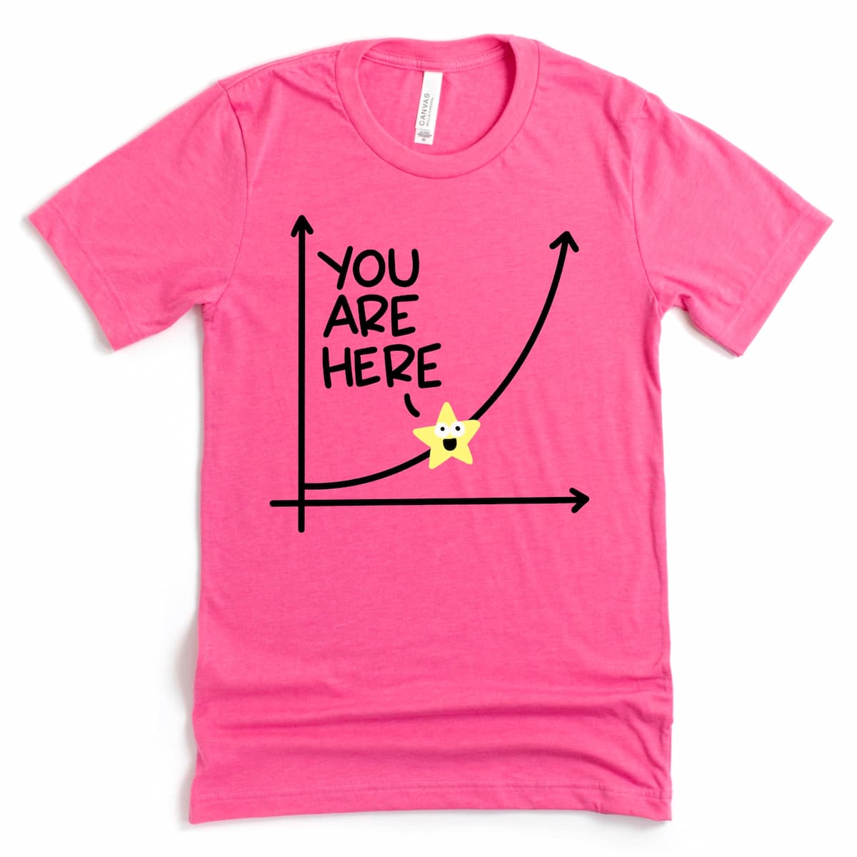 Heather charity pink shirt with exponential growth curve design and star labeled “You Are Here,” motivational self-growth tee by Kalirally