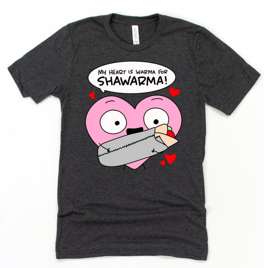 Heather dark grey funny shawarma shirt with cartoon wrap and My Heart Is Warma for Shawarma text by Kalirally
