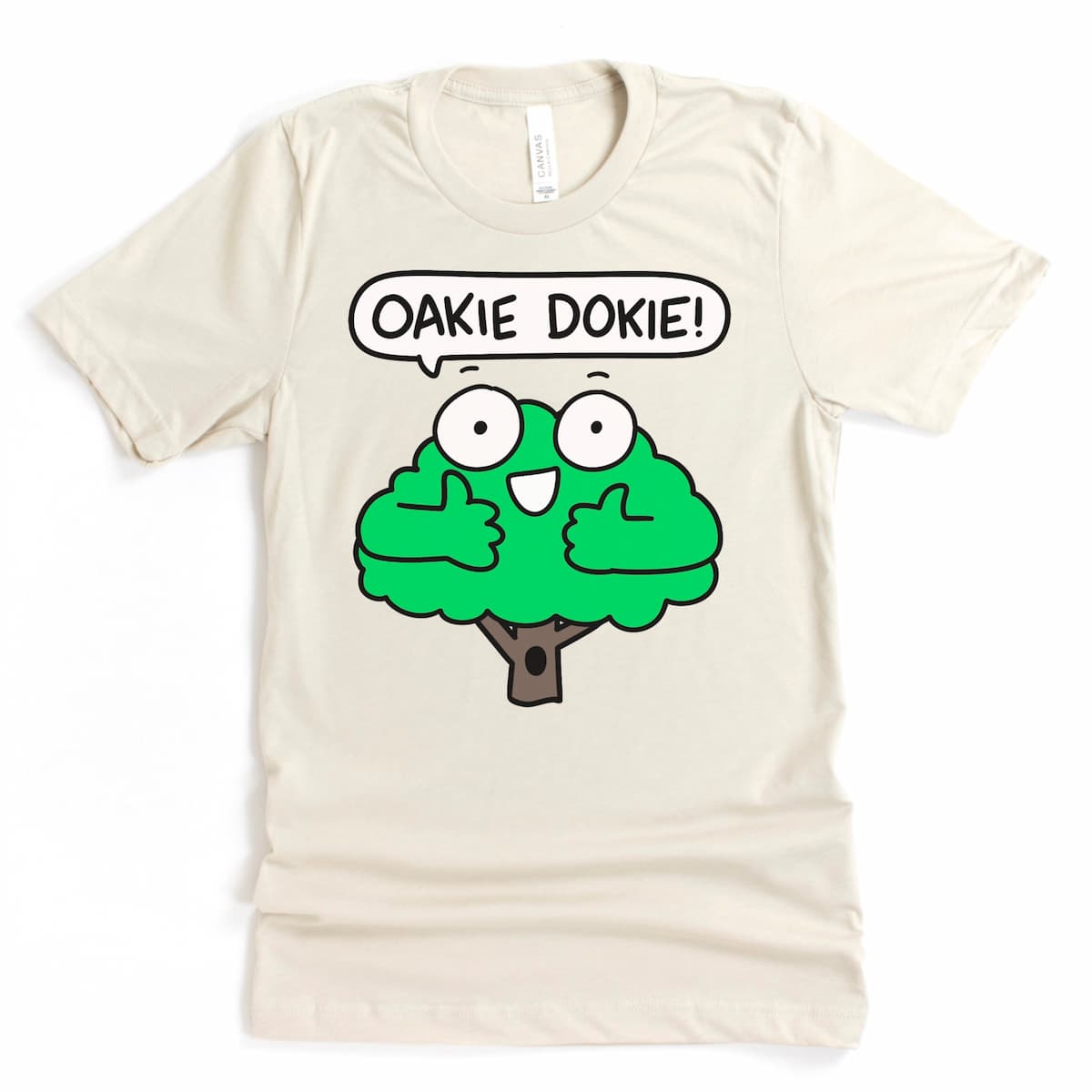 Heather dust colored nature-inspired tree tee that says, "Oakie Dokie" with Oak Tree, by Kalirally