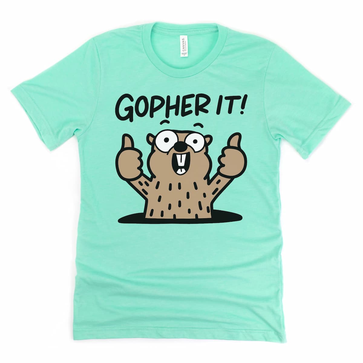 Heather mint green novelty t shirt featuring “Gopher It!” motivational design by Kalirally