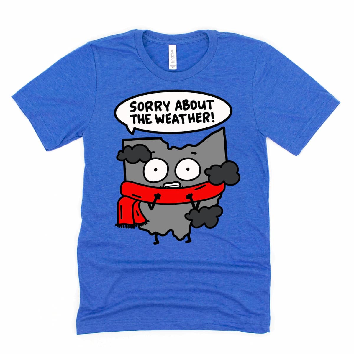Heather Royal Blue Ohio T-Shirt featuring playful guilty “Sorry About the Weather” character design by Kalirally.