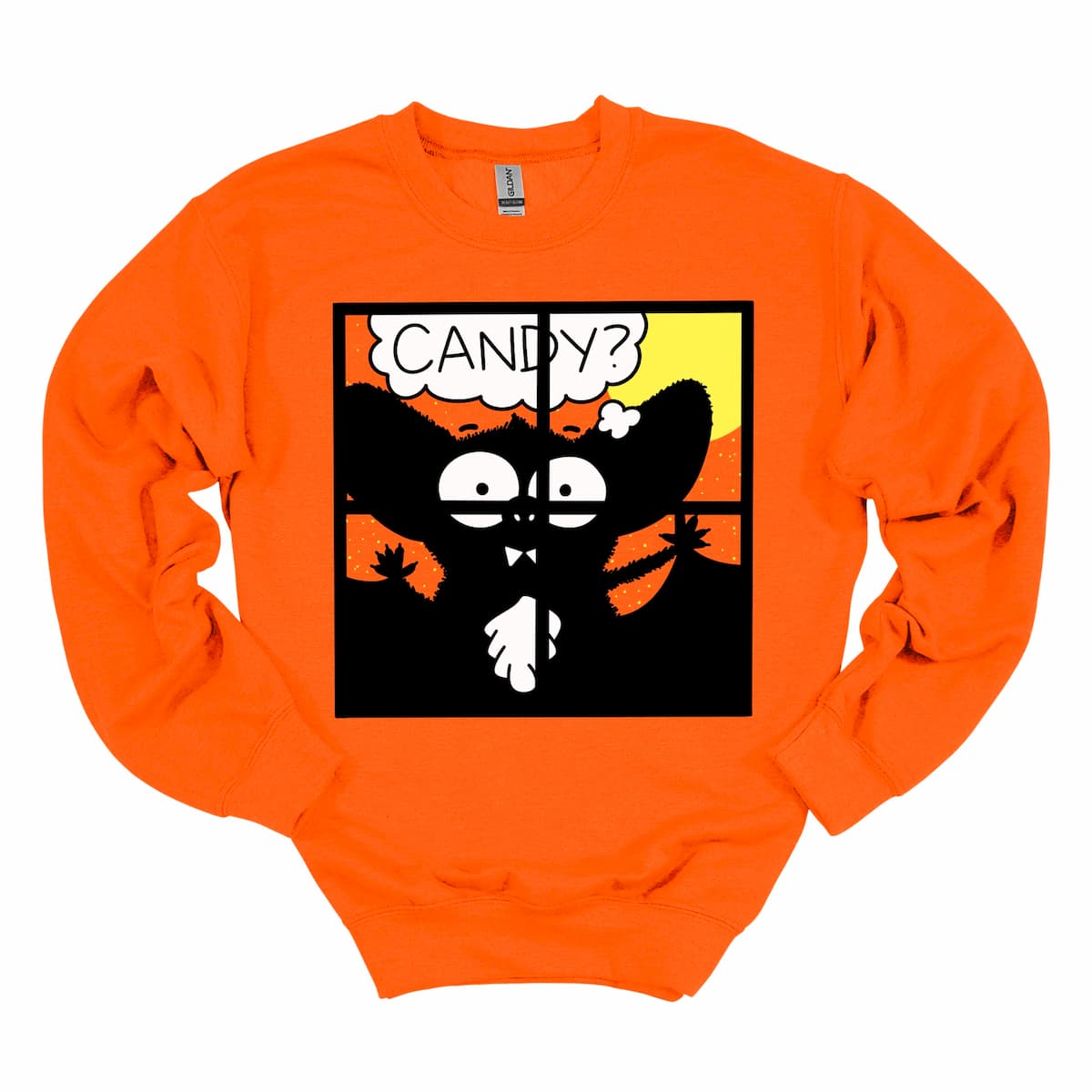 Orange sweatshirt with cute cartoon bat and “Candy?” text – funny Halloween sweatshirt, by Kalirally
