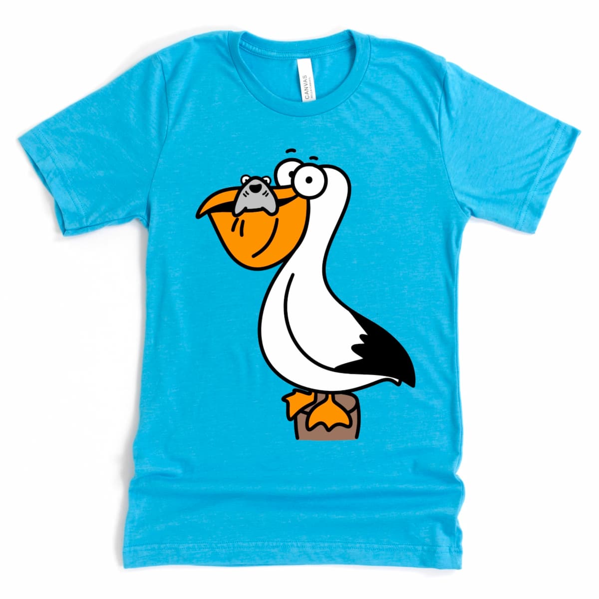 Cartoon pelican t shirt in aqua blue with smiling shark – fun beach graphic tee by Kalirally