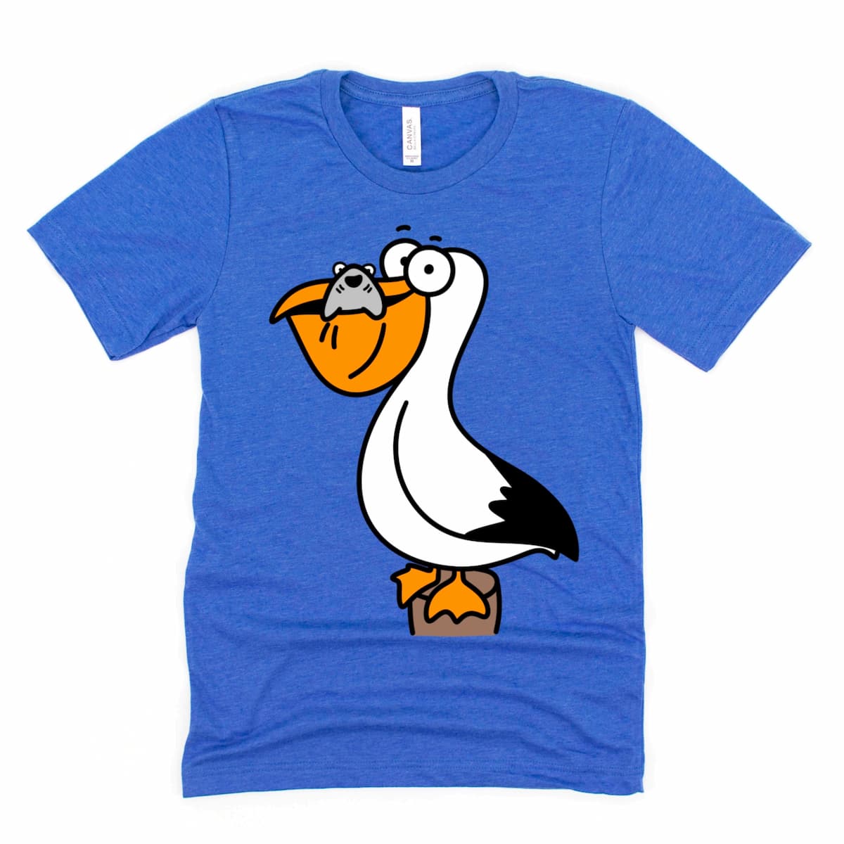 Funny pelican tee in heather royal blue featuring a cartoon bird with a shark in its beak – Kalirally beach design