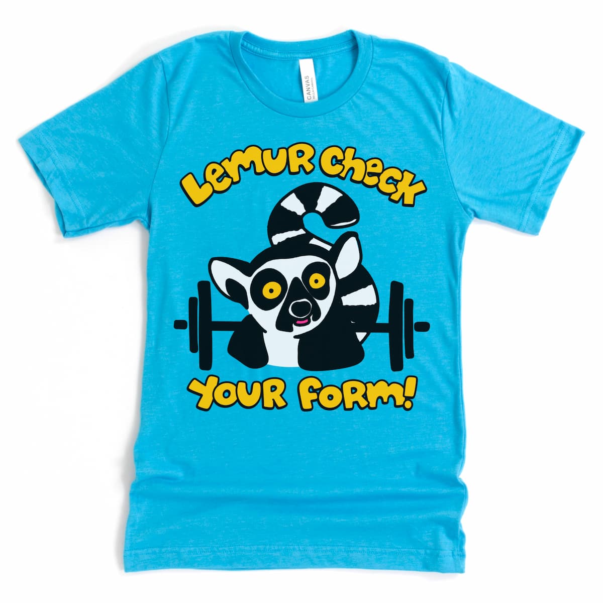 Flatlay mock up of a cartoon lemur holding a barbell on heather aqua blue shirt with bright yellow eyes watching, "lemur check your form." Personal trainer tshirt.