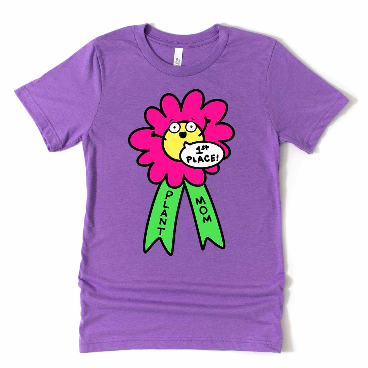 Heather Purple Plant Mom graphic tee featuring cartoon first place flower ribbon with “1st Place” and “Plant Mom,” by Kalirally