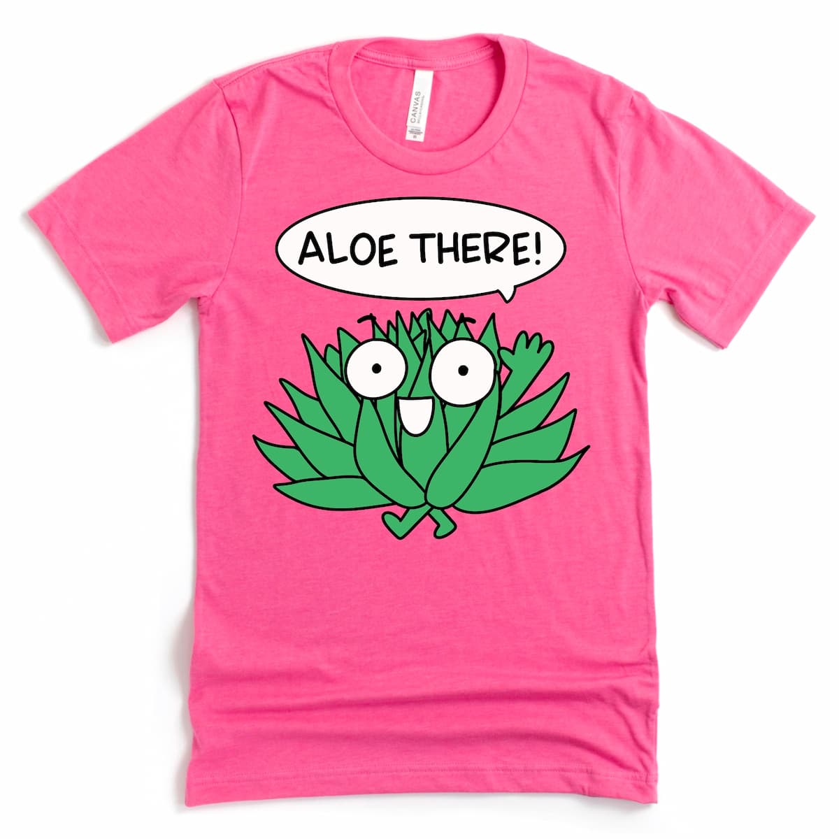 Playful aloe plant cartoon shirt with “Aloe there!” design in Heather Charity Pink by Kalirally