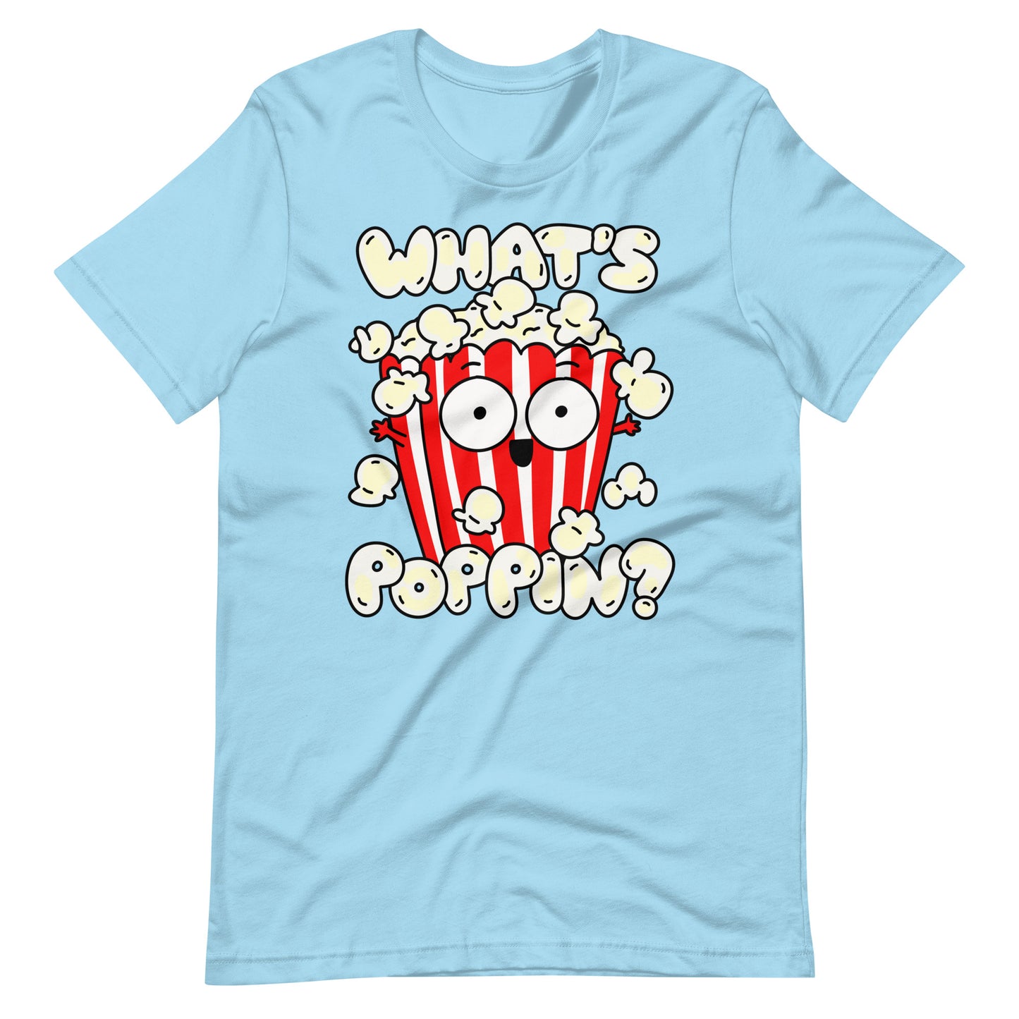 Get a poppin' look with our "What's Poppin?!" Popcorn T-Shirt in light blue. Made with high-quality fabric, this shirt features a fun and quirky design that's sure to turn heads. Perfect for movie nights, parties, or just a casual day out. Keep it poppin' with this must-have shirt!