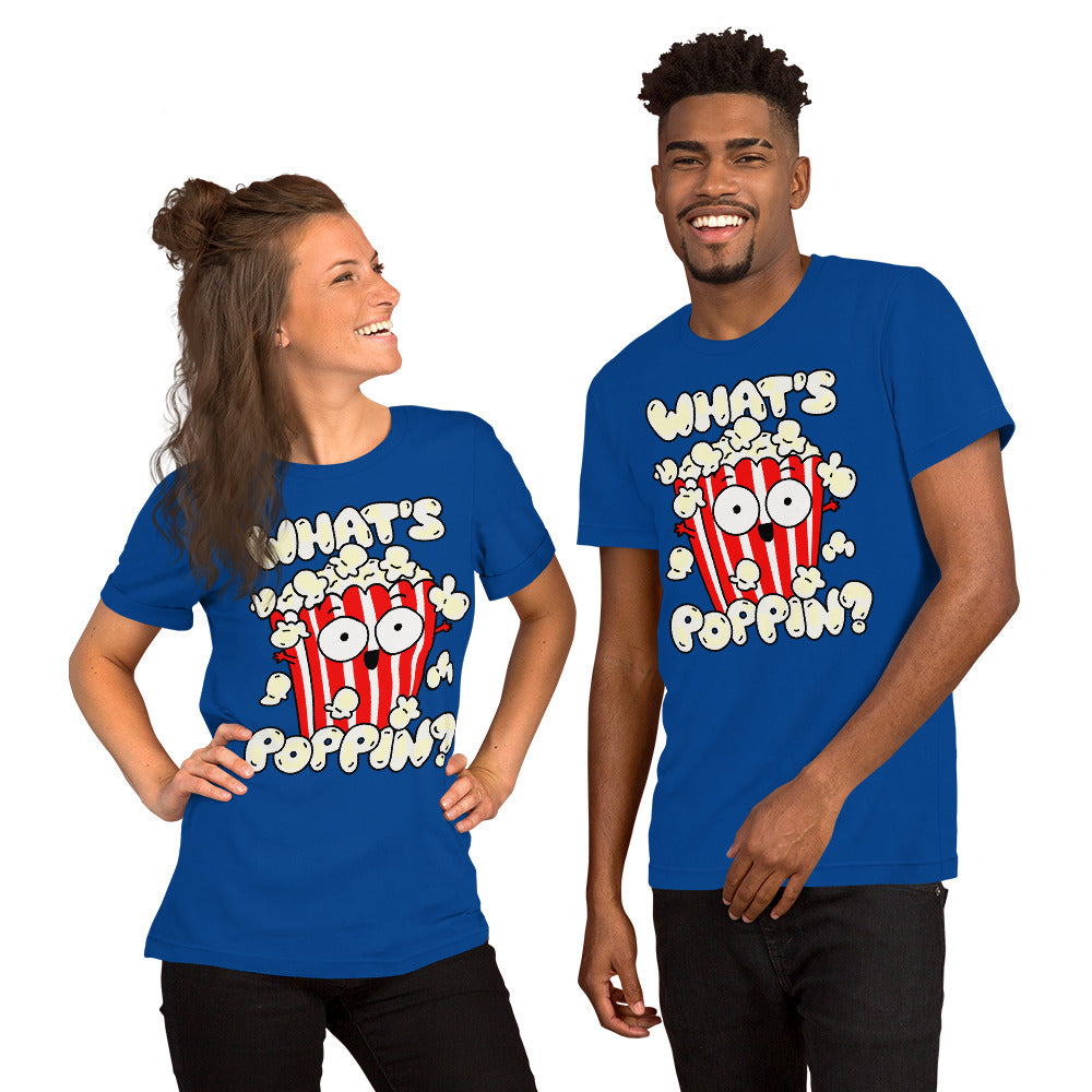 Get a poppin' look with our "What's Poppin?!" Popcorn T-Shirt. Made with high-quality fabric, this shirt features a fun and quirky design that's sure to turn heads. Perfect for movie nights, parties, or just a casual day out. Keep it poppin' with this must-have shirt!