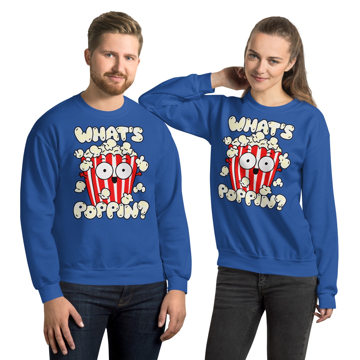 Stay cozy and stylish with this Funny Popcorn Sweatshirt. Featuring a quirky "What's poppin!?" design, this sweatshirt is perfect for anyone who loves a good play on words. Made with comfortable material, it's the perfect choice for a casual day out or a movie night in.