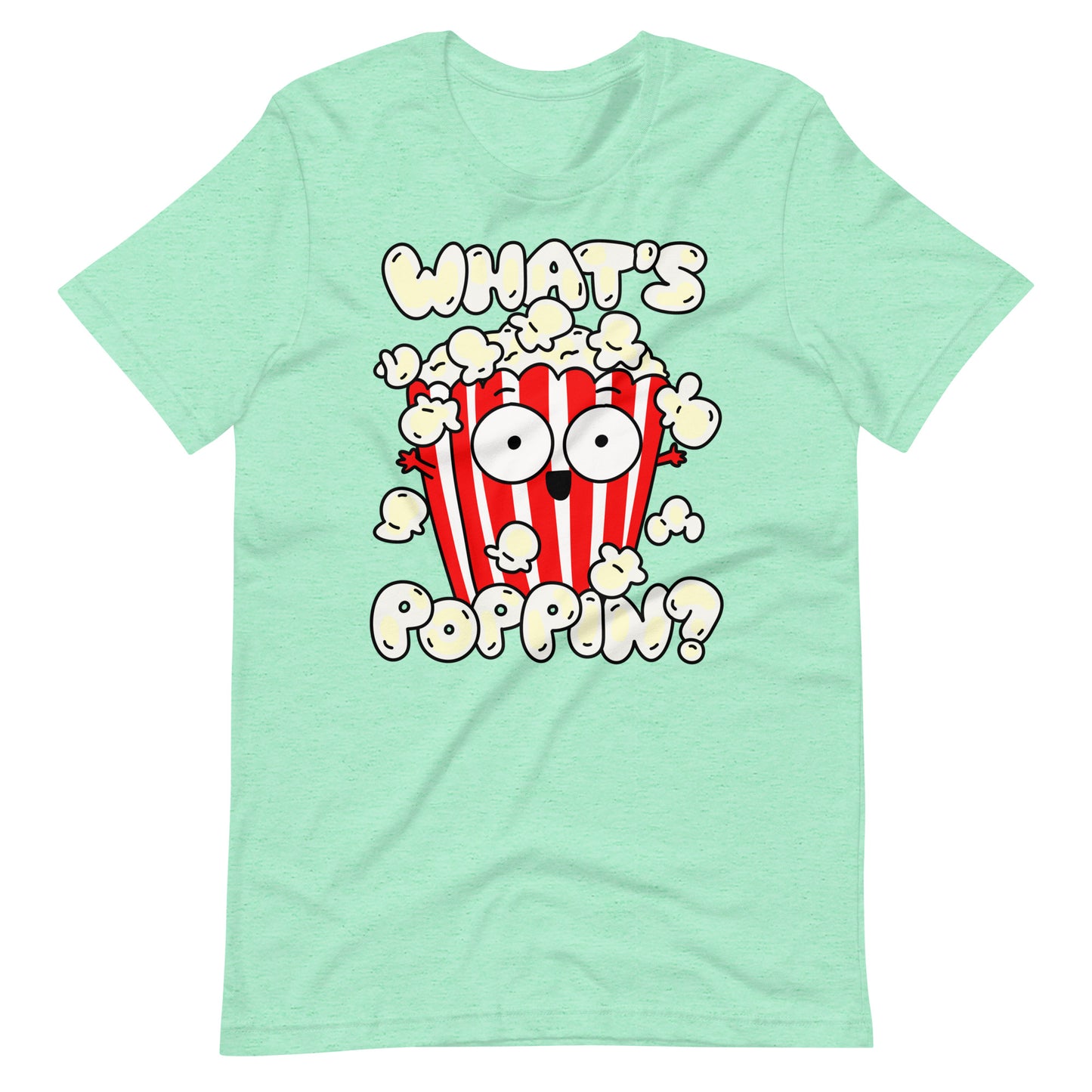 Get a poppin' look with our "What's Poppin?!" Popcorn T-Shirt in mint heather green. Made with high-quality fabric, this shirt features a fun and quirky design that's sure to turn heads. Perfect for movie nights, parties, or just a casual day out. Keep it poppin' with this must-have shirt!