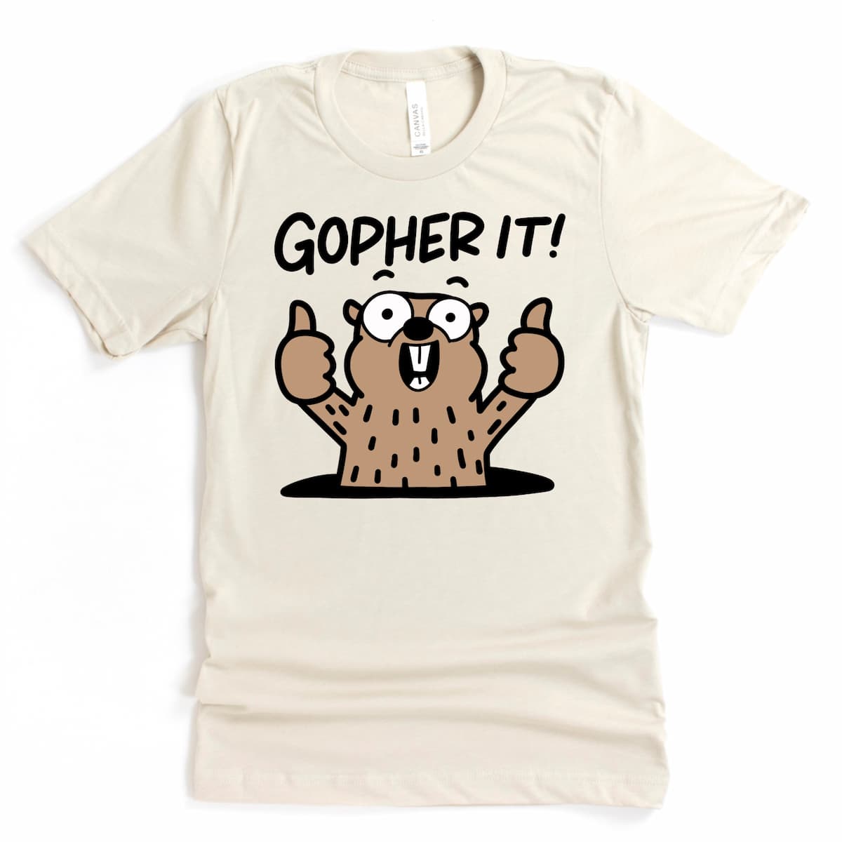 Heather dust positive t shirt with “Gopher It!” inspiring print by Kalirally