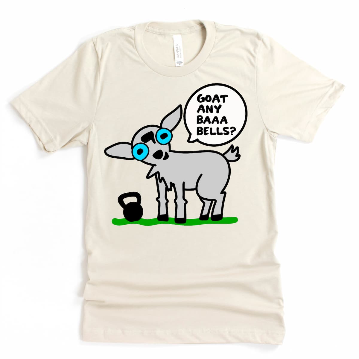 Heather Aqua tee with cartoon goat and a kettlebell, funny gym shirt flat lay from Kalirally