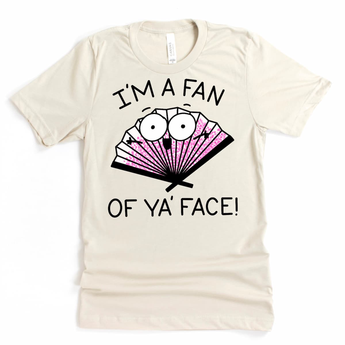 Lighthearted friendship t-shirt with cute fan illustration and funny phrase, available in Heather Dust, by Kalirally.