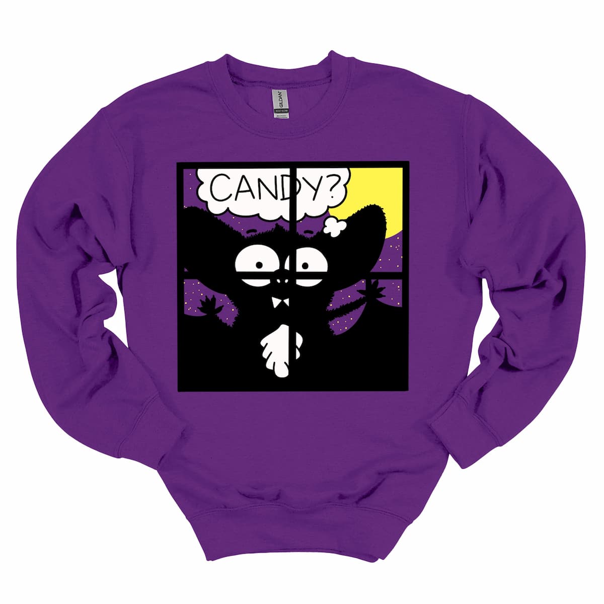 Purple sweatshirt with adorable cartoon bat asking “Candy?” – cozy Halloween sweatshirt for festive wear, by Kalirally.