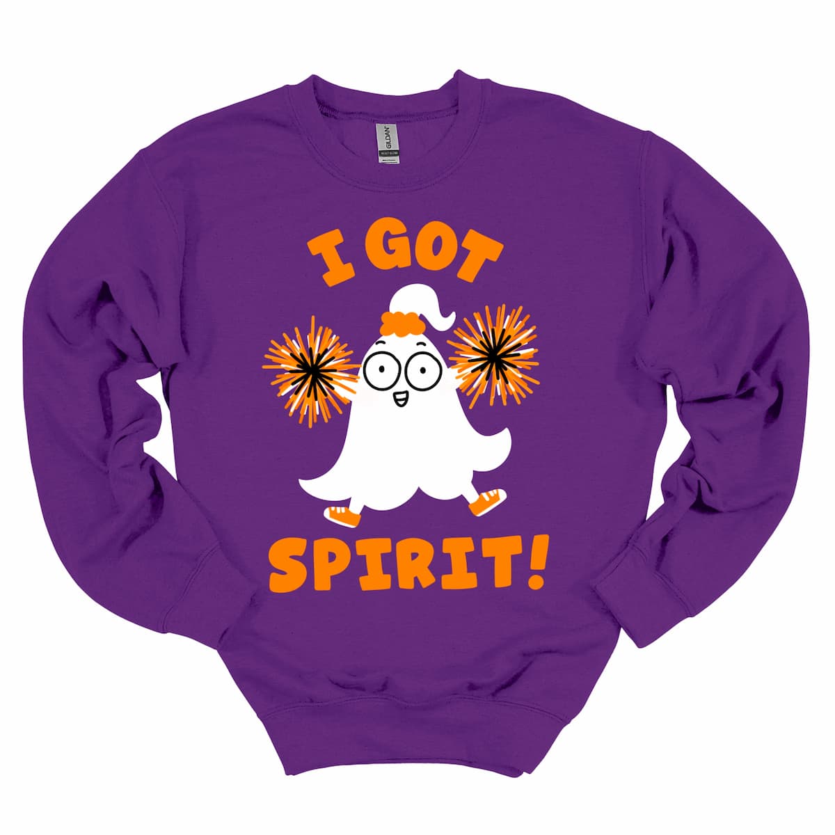 Purple sweatshirt with cheerleading ghost graphic and “I Got Spirit!” slogan — festive Halloween sweatshirt by Kalirally
