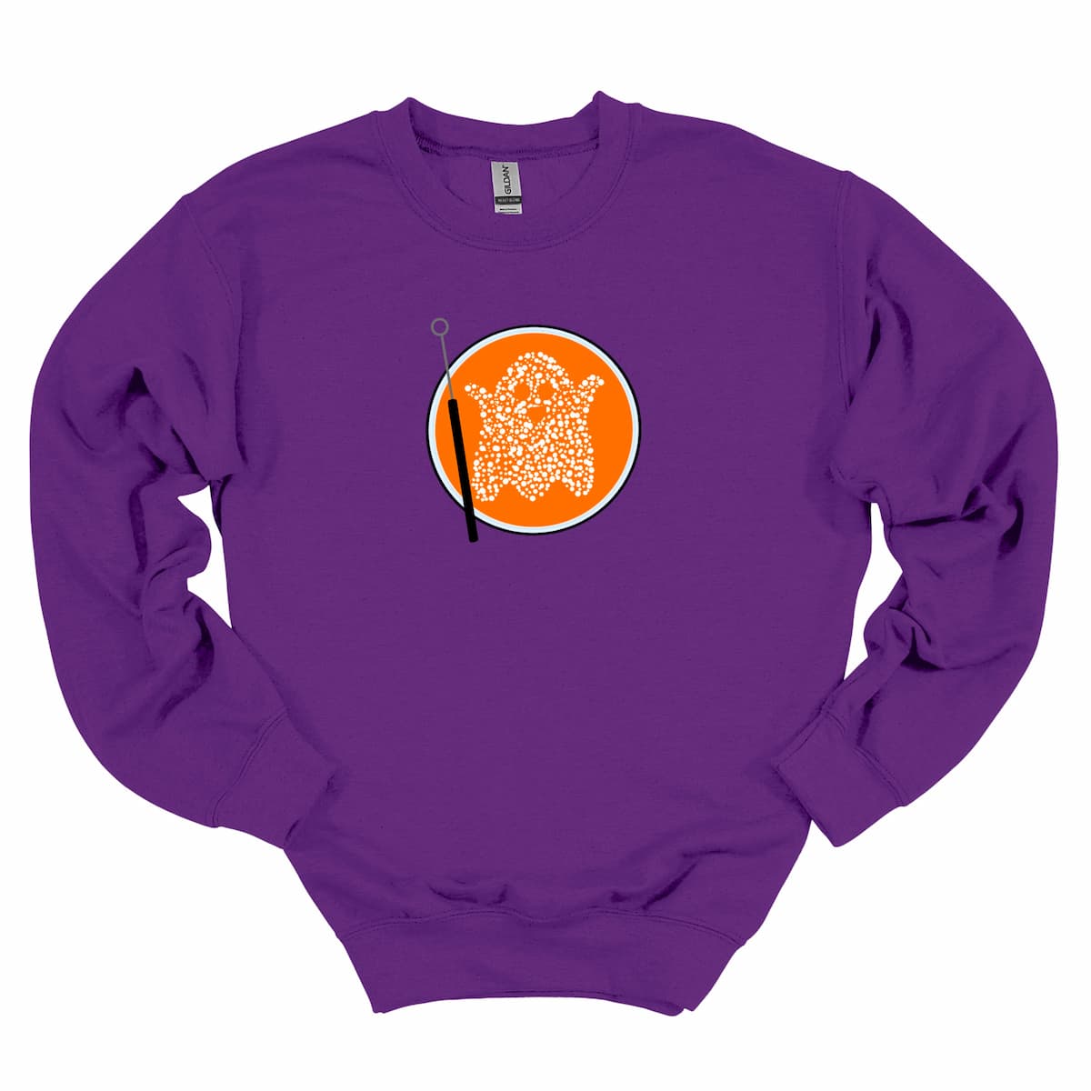 Purple women’s Halloween sweatshirt with a cute Petri-fied Microbiology Ghost, ideal for teachers, parents, and science fans, by Kalirally.
