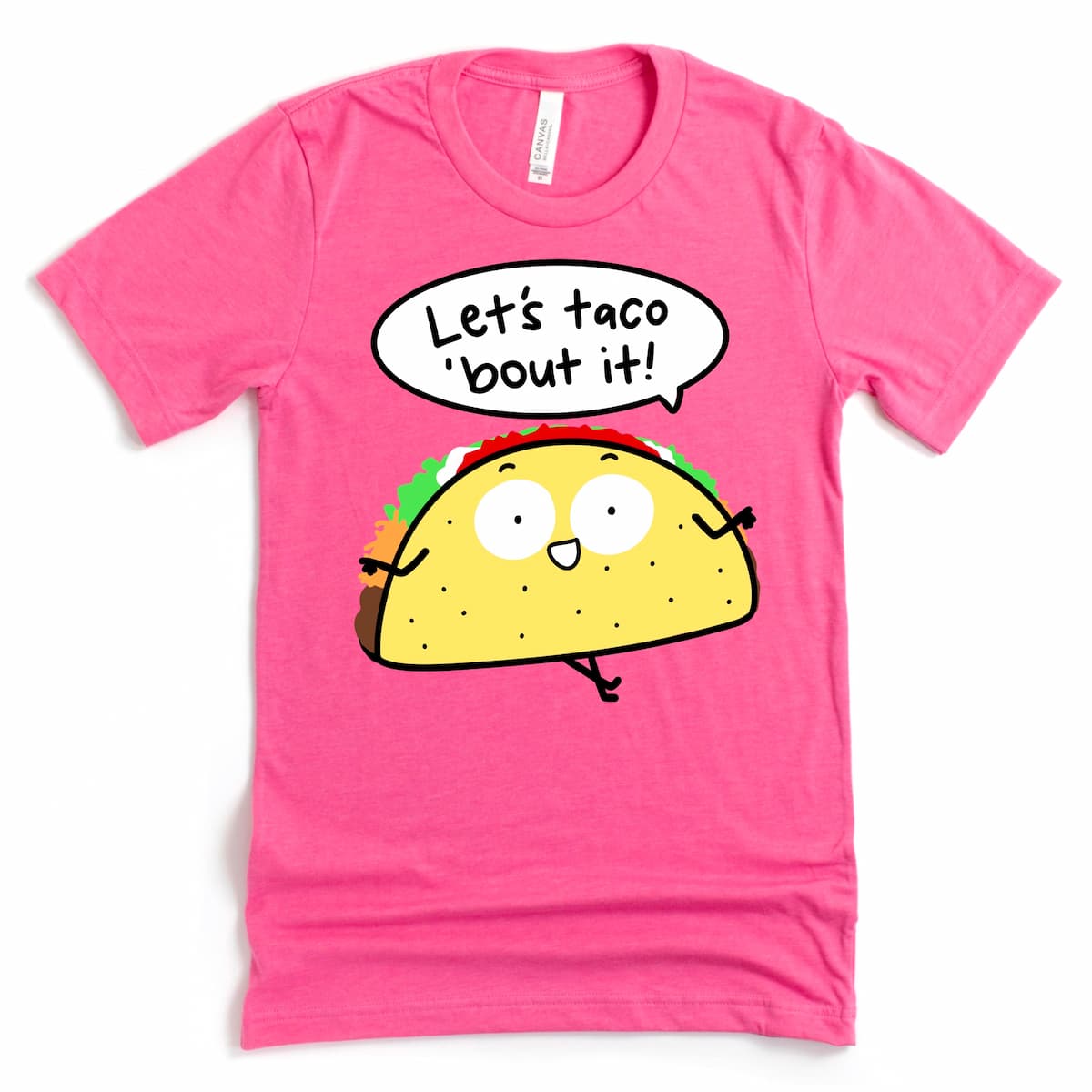 Quirky taco lover graphic t-shirt with “Let’s taco ’bout it!” design in Heather Charity Pink by Kalirally