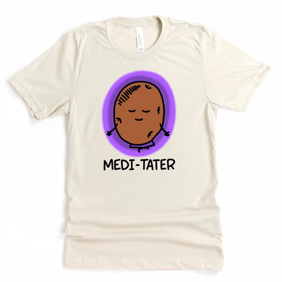 Heather Dust relaxation graphic tee showing cartoon potato meditating with “Medi-Tater” phrase, by Kalirally