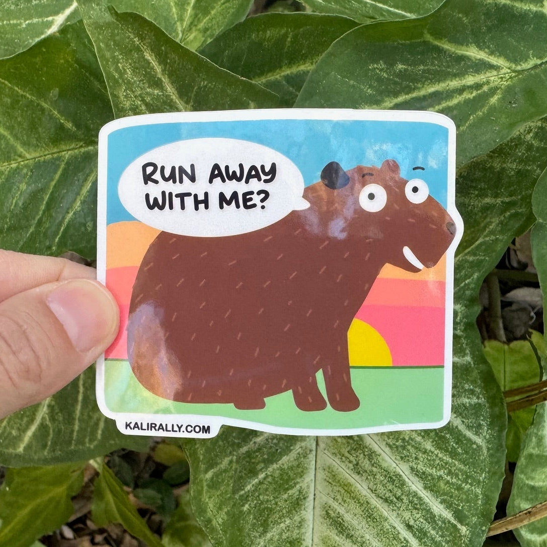Cartoon capybara sticker saying “Run away with me?”, funny water resistant decal for work, animals, and humor lovers Kalirally