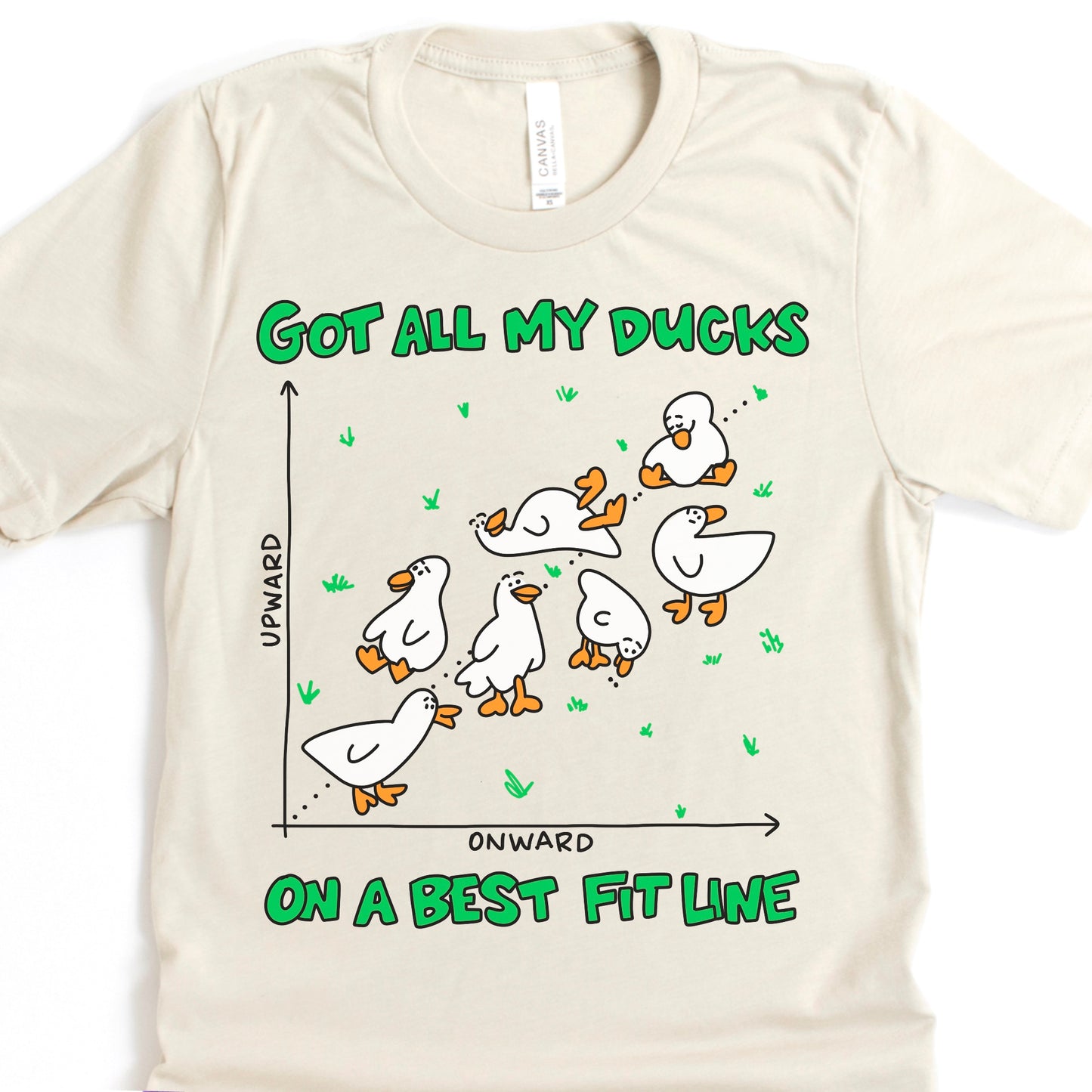 Heather dust t-shirt flat lay featuring math and duck pun. Fun STEM-themed gift for teachers and number nerds.