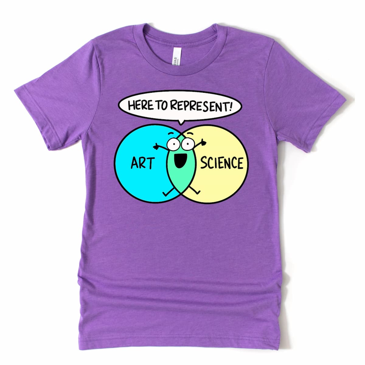 Heather Purple STEM shirt with art and science Venn diagram and fun cartoon character at the intersection, by Kalirally