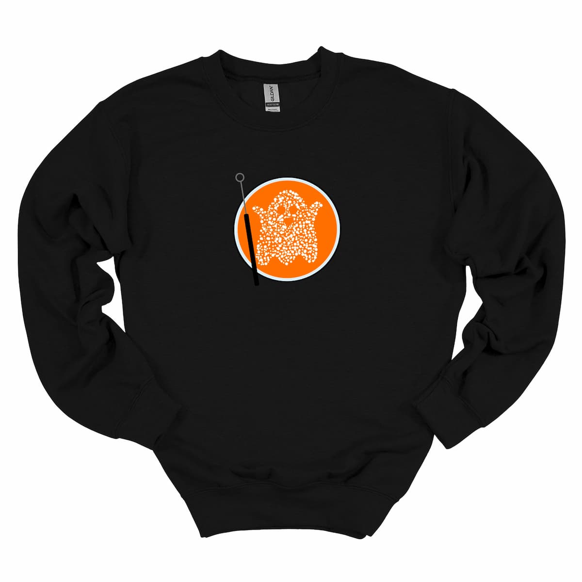 Black crewneck sweatshirt featuring a playful Petri-fied Microbiology Ghost for Halloween, perfect for women, teachers, and science lovers, by Kalirally.