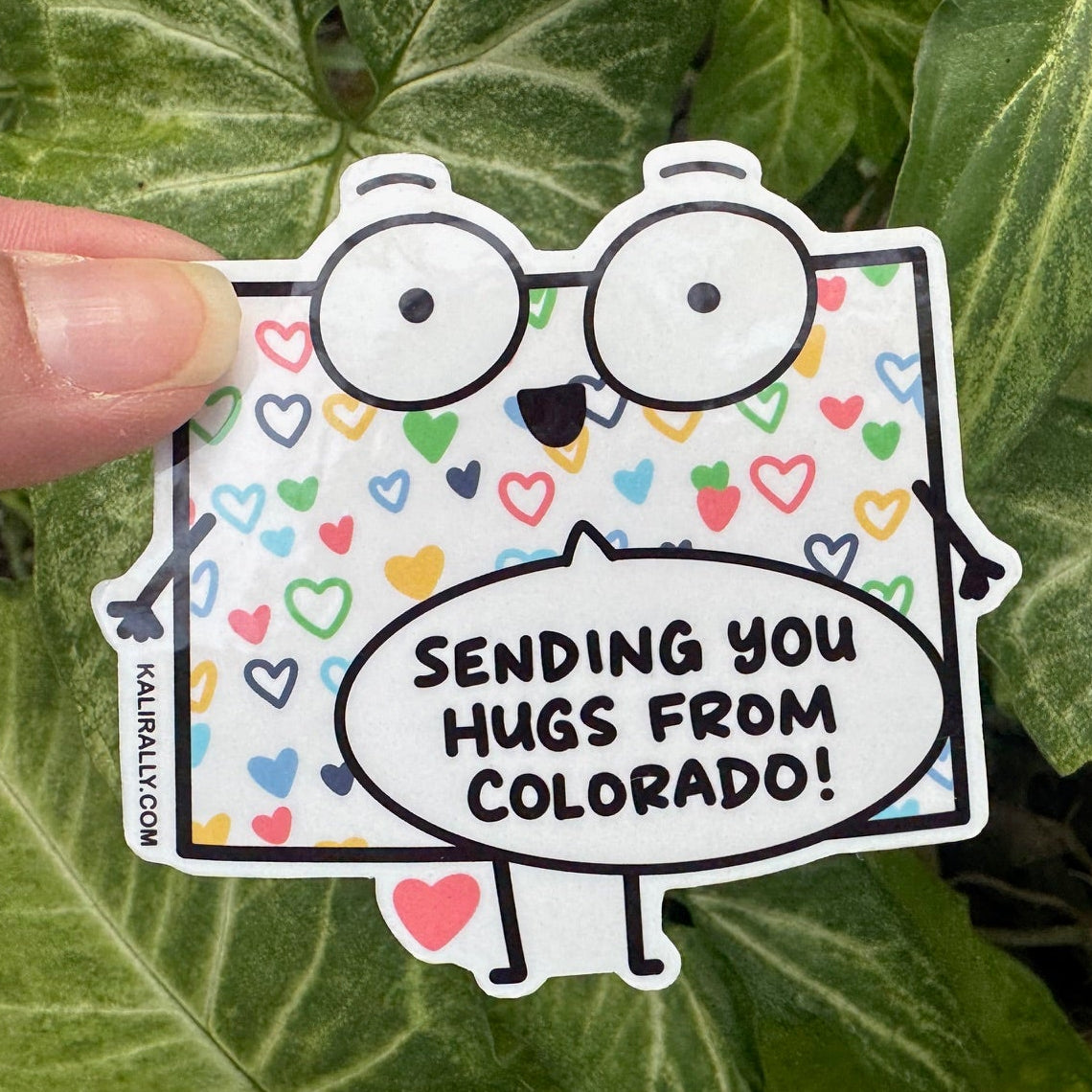 Sending you hugs from Colorado sticker featuring the state name, cute water resistant decal for long-distance friends and care packages Kalirally