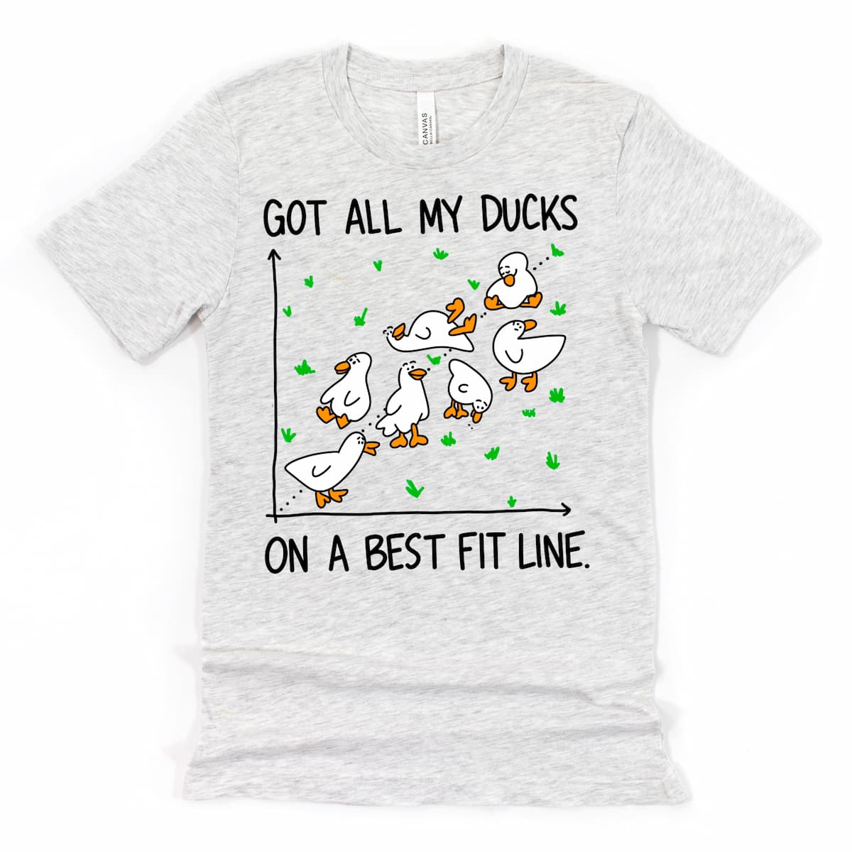 Heather Ash Silly Duck T Shirt with ducks lined up on a best fit line – fun clever statistics shirt by Kalirally