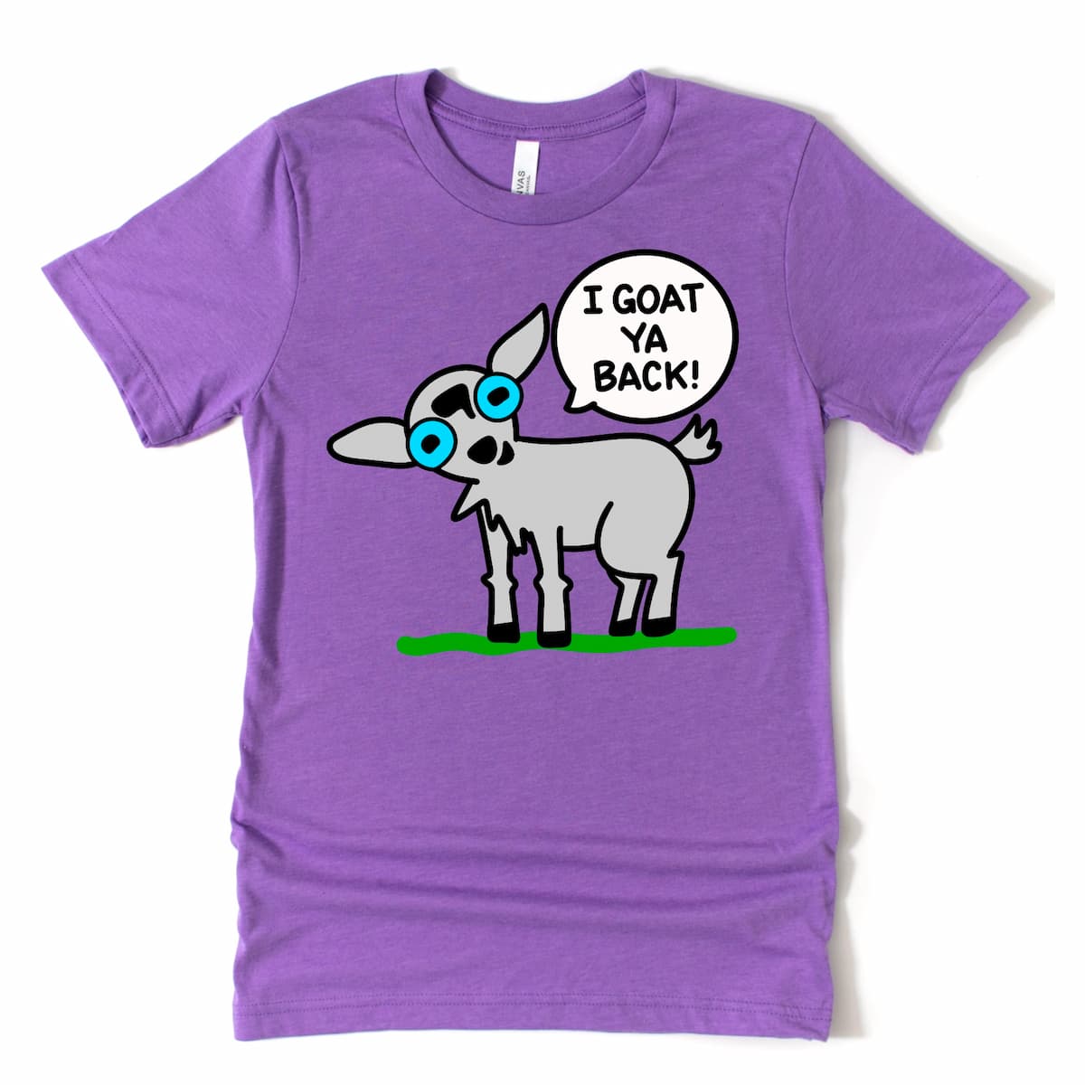 Heather Purple Goat Shirt with cartoon goat and “I Goat Ya Back!” phrase, funny animal lover tee by Kalirally