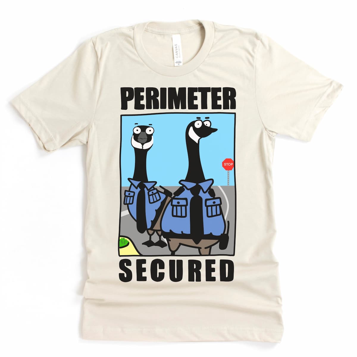 Heather Dust Goose Shirt with two Canadian geese in parking lot “Perimeter Secured” design by Kalirally