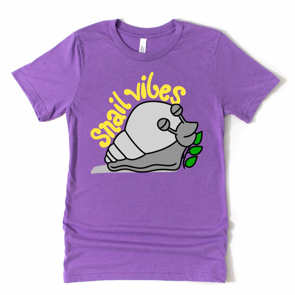 Heather Purple Funny Snail Shirt featuring cartoon snail and “Snail Vibes” phrase, playful garden shirt by Kalirally