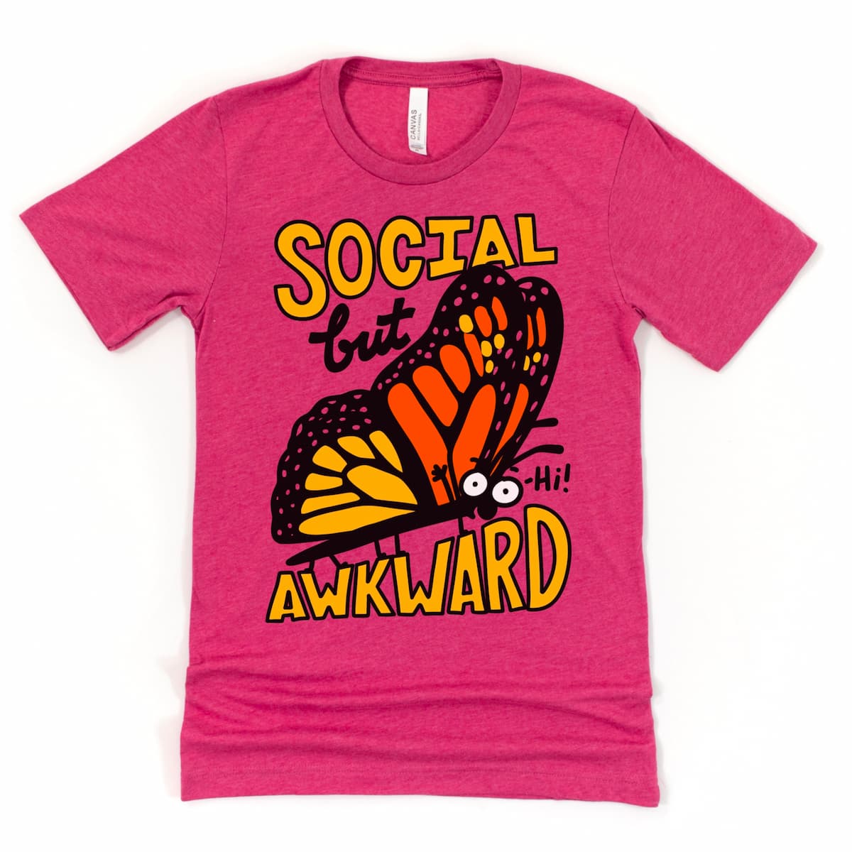 Socially Awkward Shirt Heather Raspberry with cartoon butterfly design β Social But Awkward Tee by Kalirally