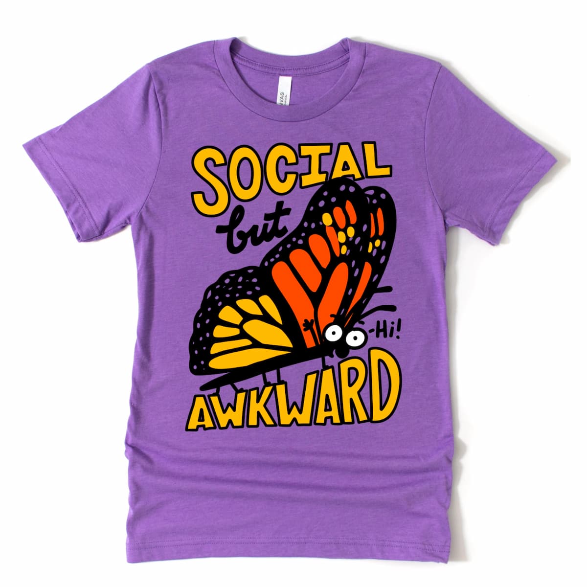 Funny Socially Awkward T-Shirt Heather Purple featuring monarch butterfly design by Kalirally