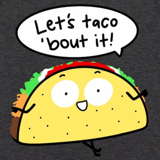 A close up image of a Taco Tuesday humor shirt with cartoon taco and pun in Heather Dark Grey by Kalirally