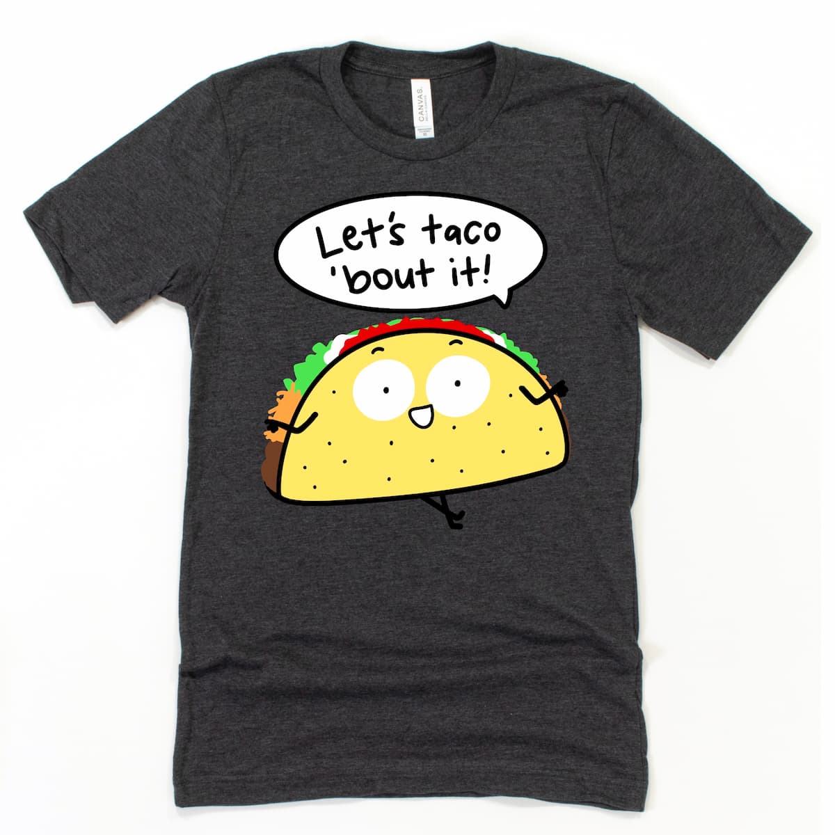 Taco Tuesday humor shirt with cartoon taco and pun in Heather Dark Grey by Kalirally