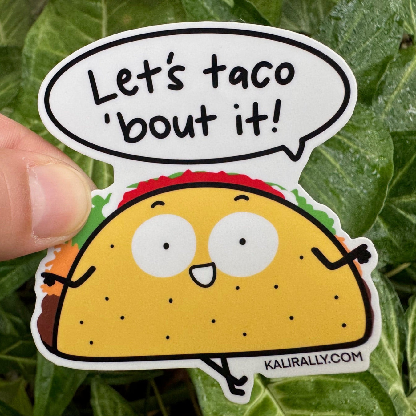Vinyl Therapy Sticker – “Let’s taco ’bout it!” taco decal by Kalirally.