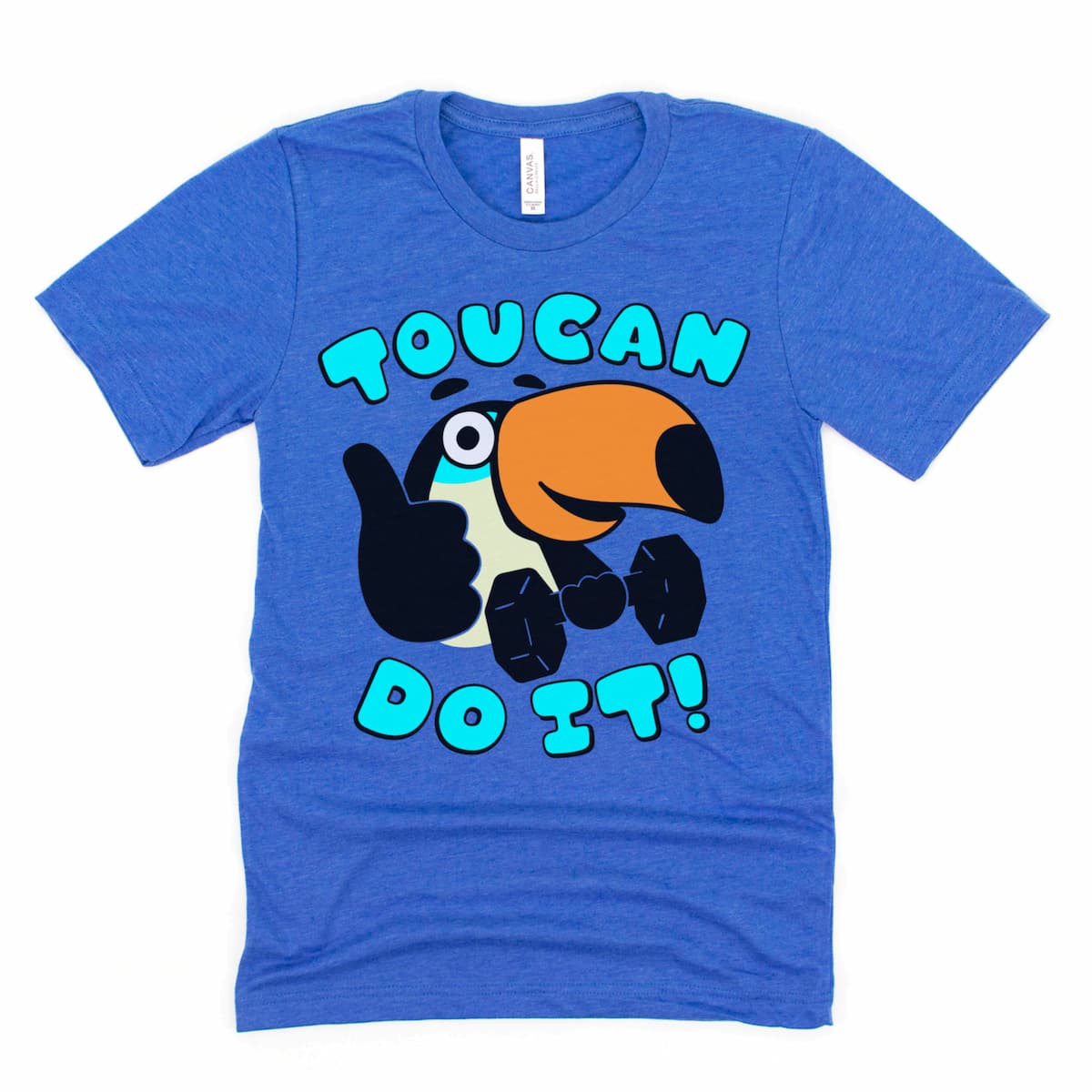 Royal blue tee with a cartoon toucan lifting a dumbbell and giving a thumbs up. Flat lay mockup.