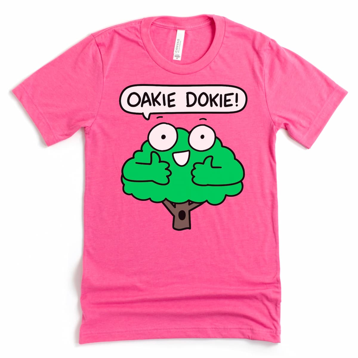 Heather charity pink tree graphic shirt with Cartoon Oak Tree saying, "Oakie Dokie" by Kalirally