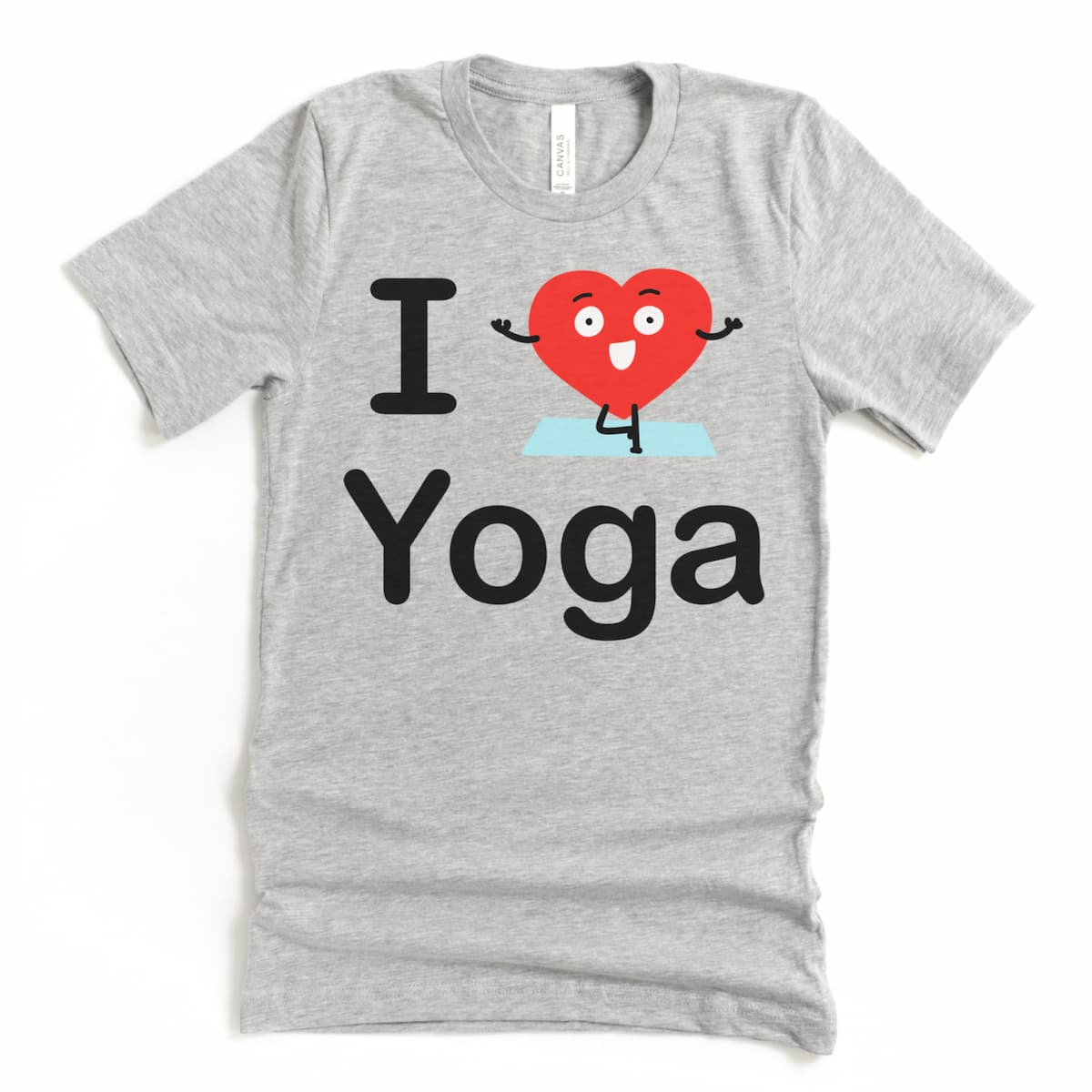 Flat lay of an athletic gray I Heart Yoga tshirt with a cute illustrated heart practicing tree pose for ladies who love yoga.