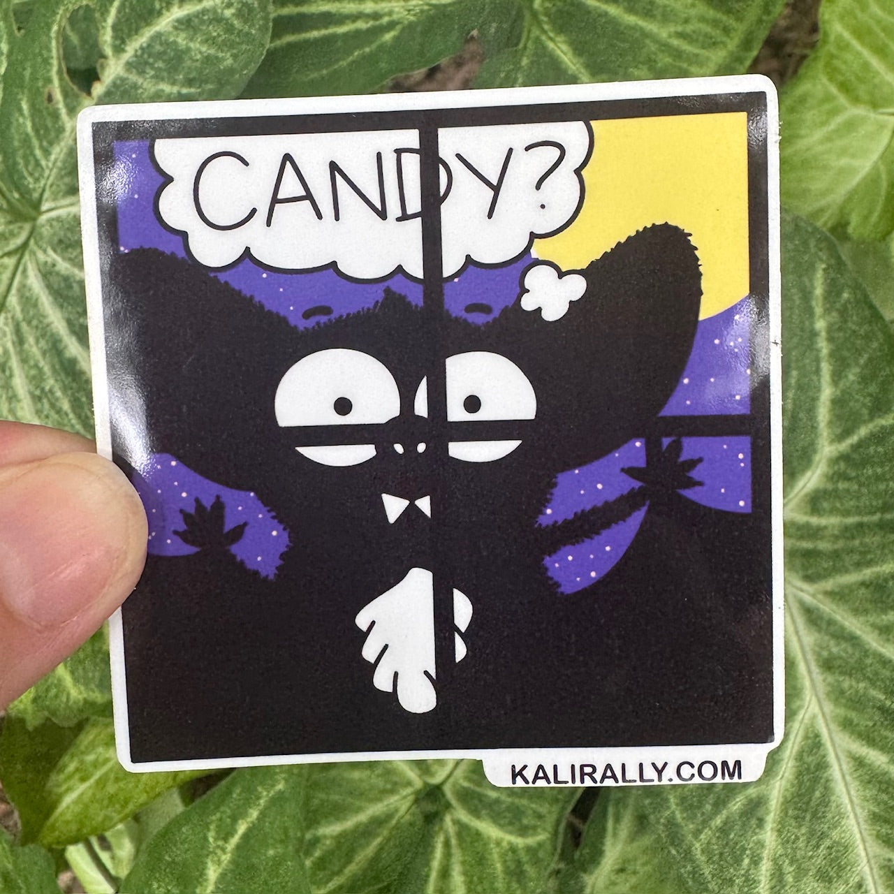 Fun cartoon Halloween sticker featuring a bat with a candy sign, festive waterproof vinyl decal by Kalirally.