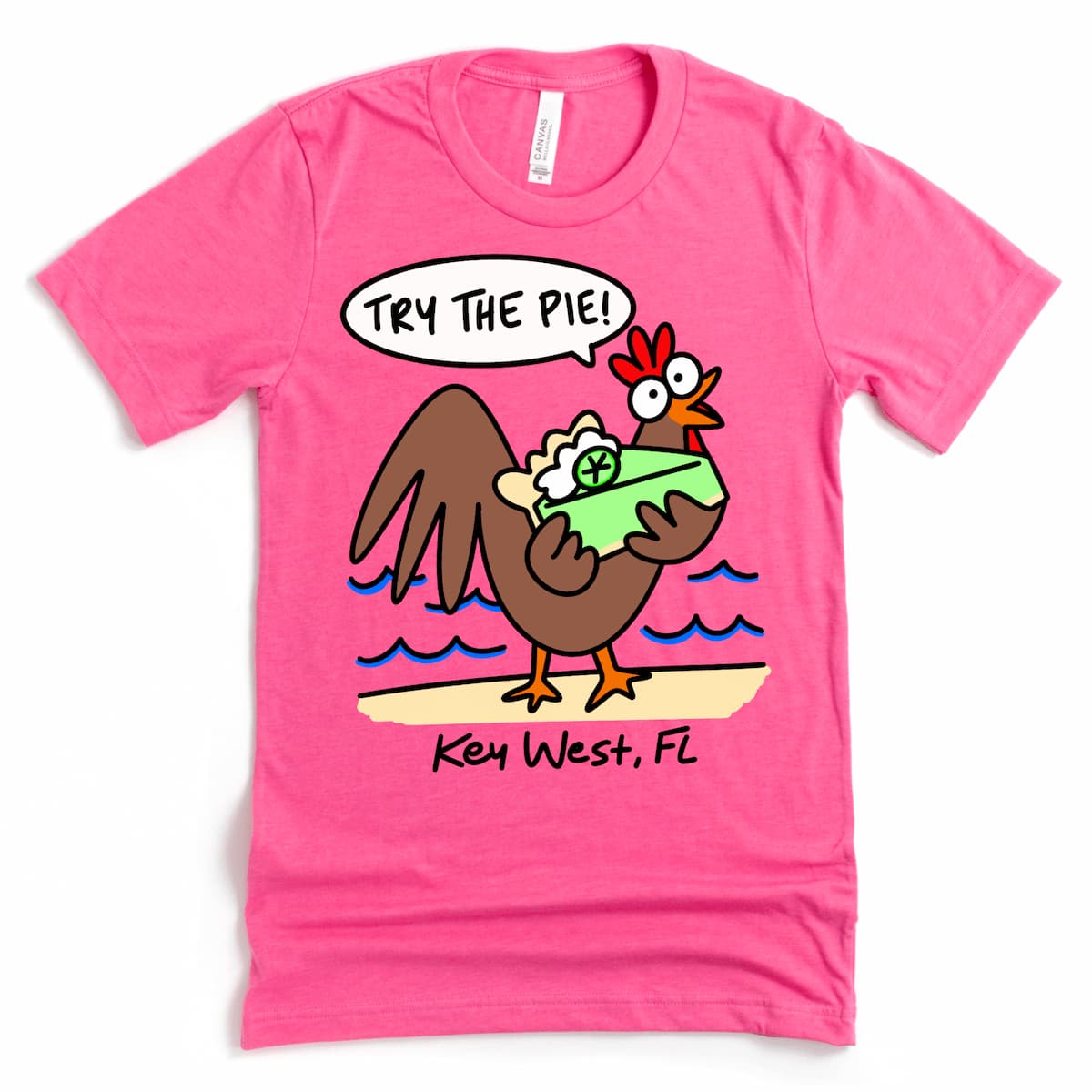 Pink Florida Keys shirt with a cartoon rooster offering Key Lime Pie 'Try the Pie!' – Kalirally
