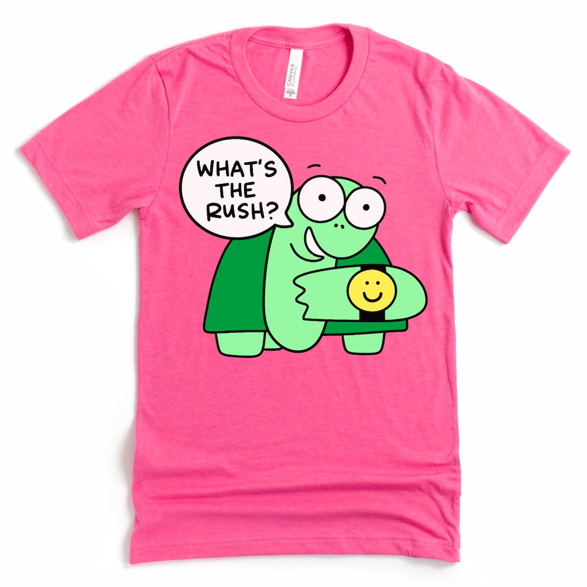 Fun pink turtle shirt with original cartoon artwork of a relaxed turtle wearing a smiley watch