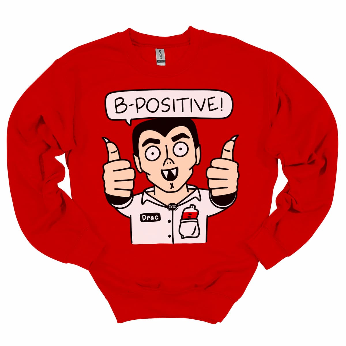 Red “B-Positive” Vampire Sweatshirt, cute Halloween crewneck for women, teachers, and parents – by Kalirally
