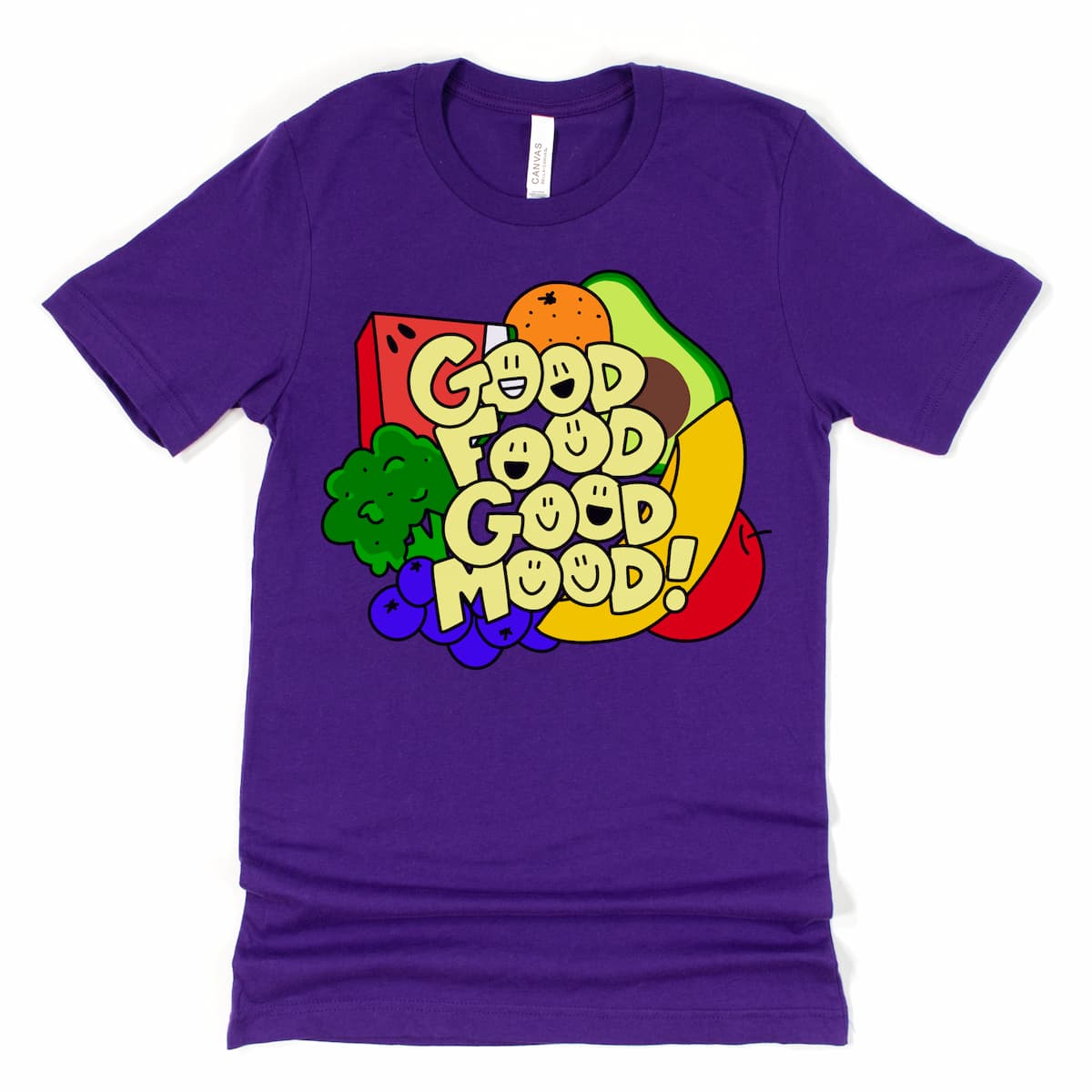 Flat lay of a team purple Good Food Good Mood T Shirt featuring colorful fruits and veggies - perfect plant based t shirt.