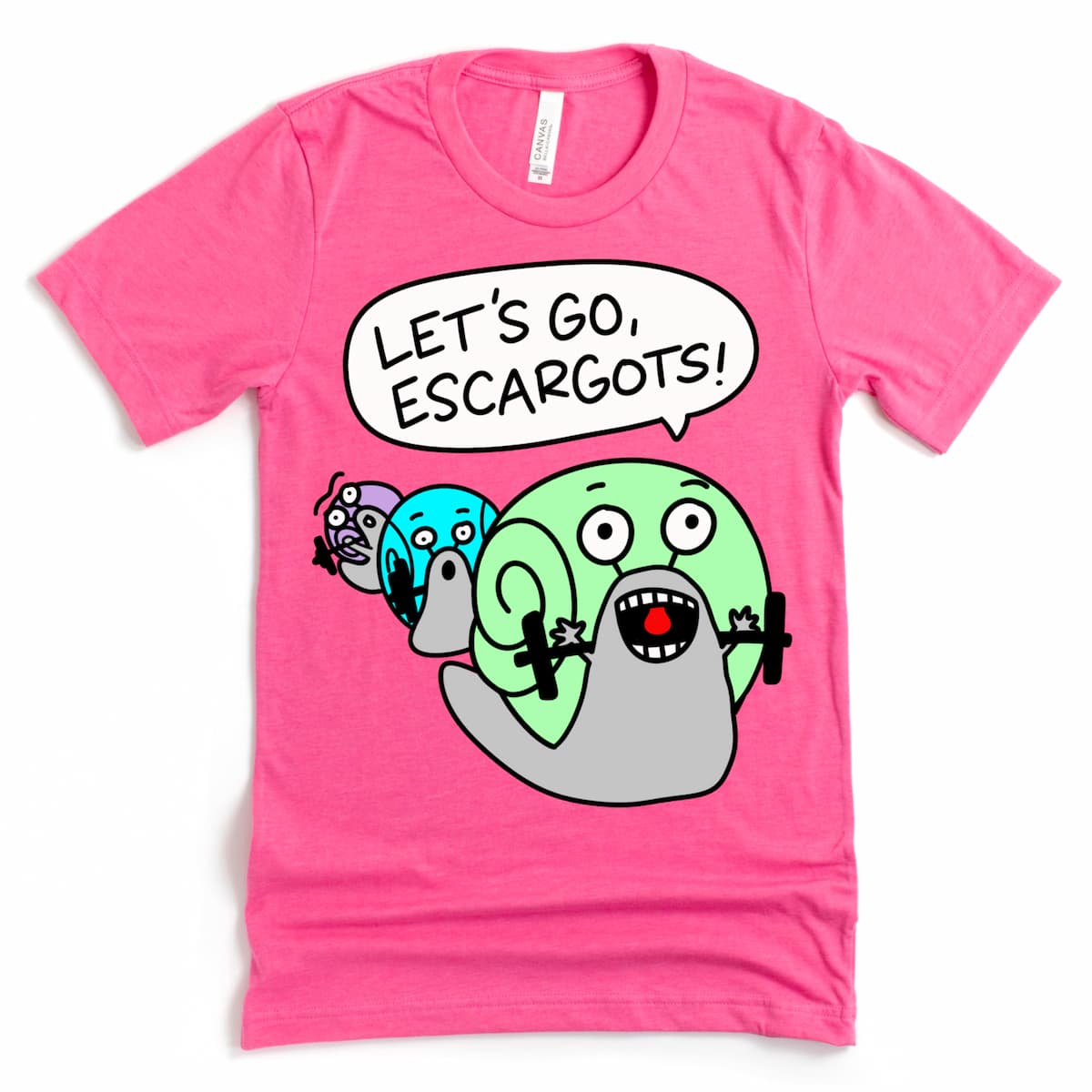 Pink tee showing three shouting snails repping barbells. A weird weightlifting shirt for your next PR day.