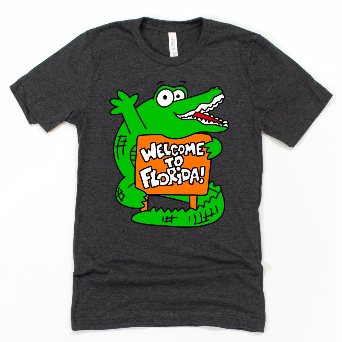 Welcome to Florida Tee in Heather Dark Grey featuring a cartoon alligator graphic, by Kalirally