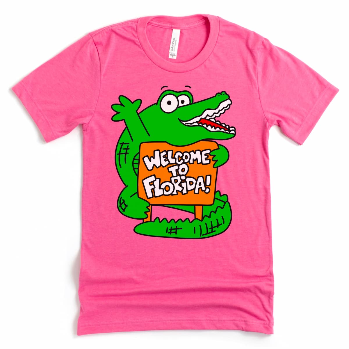 Welcome to Florida Graphic Shirt in Heather Charity Pink featuring a quirky cartoon gator, by Kalirally
