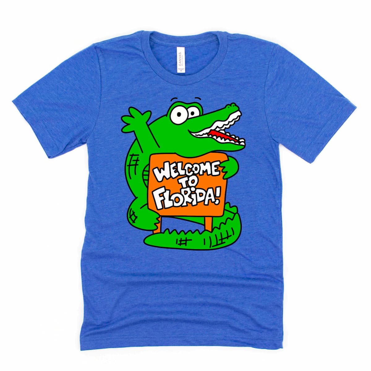 Welcome to Florida Shirt in Heather True Royal Blue with a fun cartoon alligator design, by Kalirally