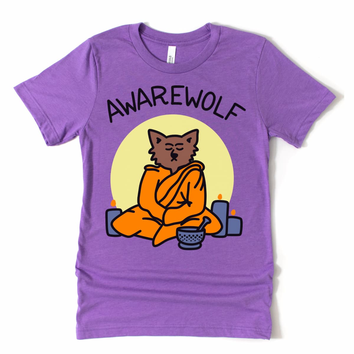 Flat lay of a heather team purple Werewolf shirt that says, "Awarewolf" featuring a meditating werewolf in front of a full moon.